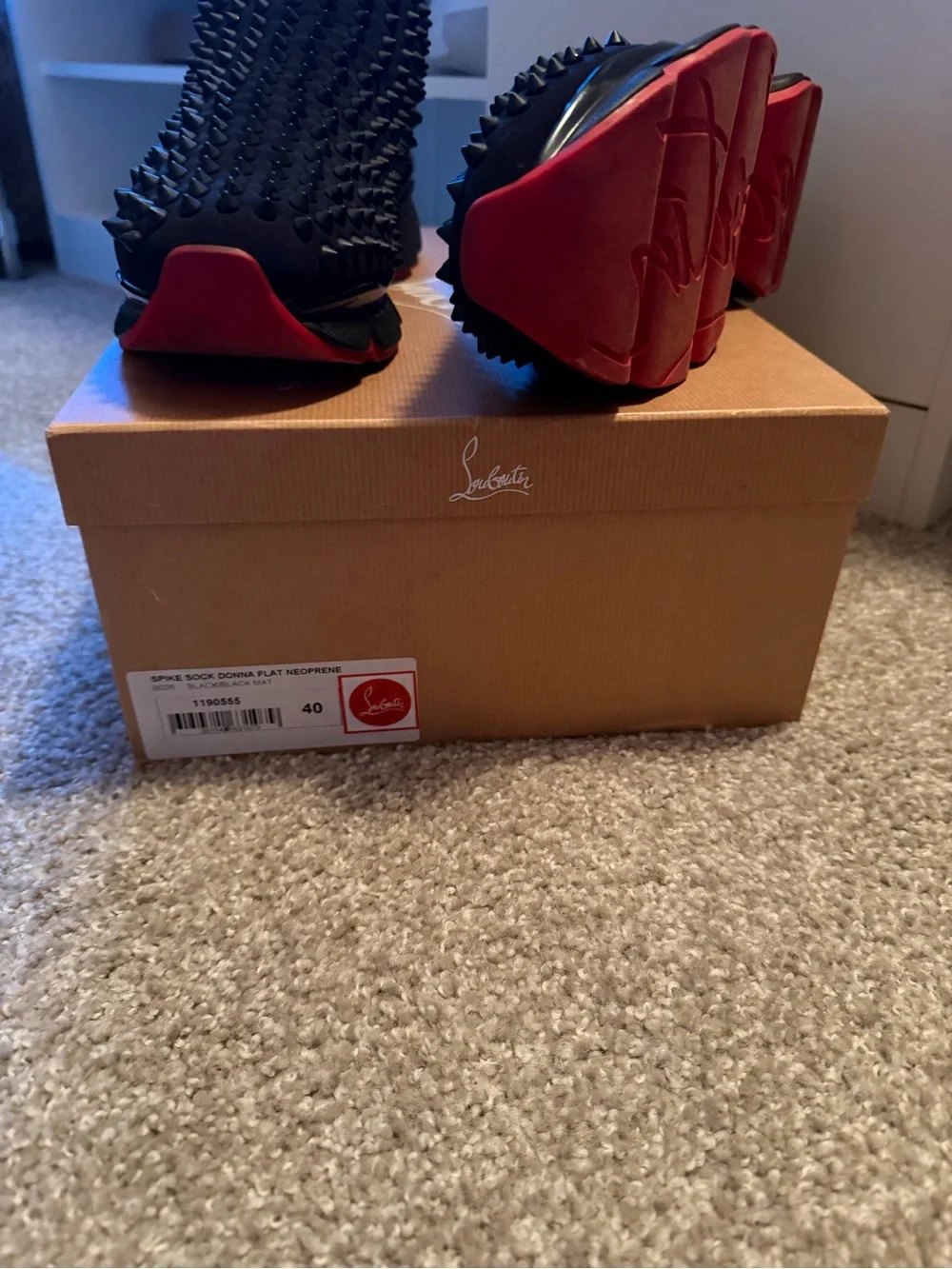 Christian Louboutin Black and Red Spike-Embellished Slip-On Sneakers
